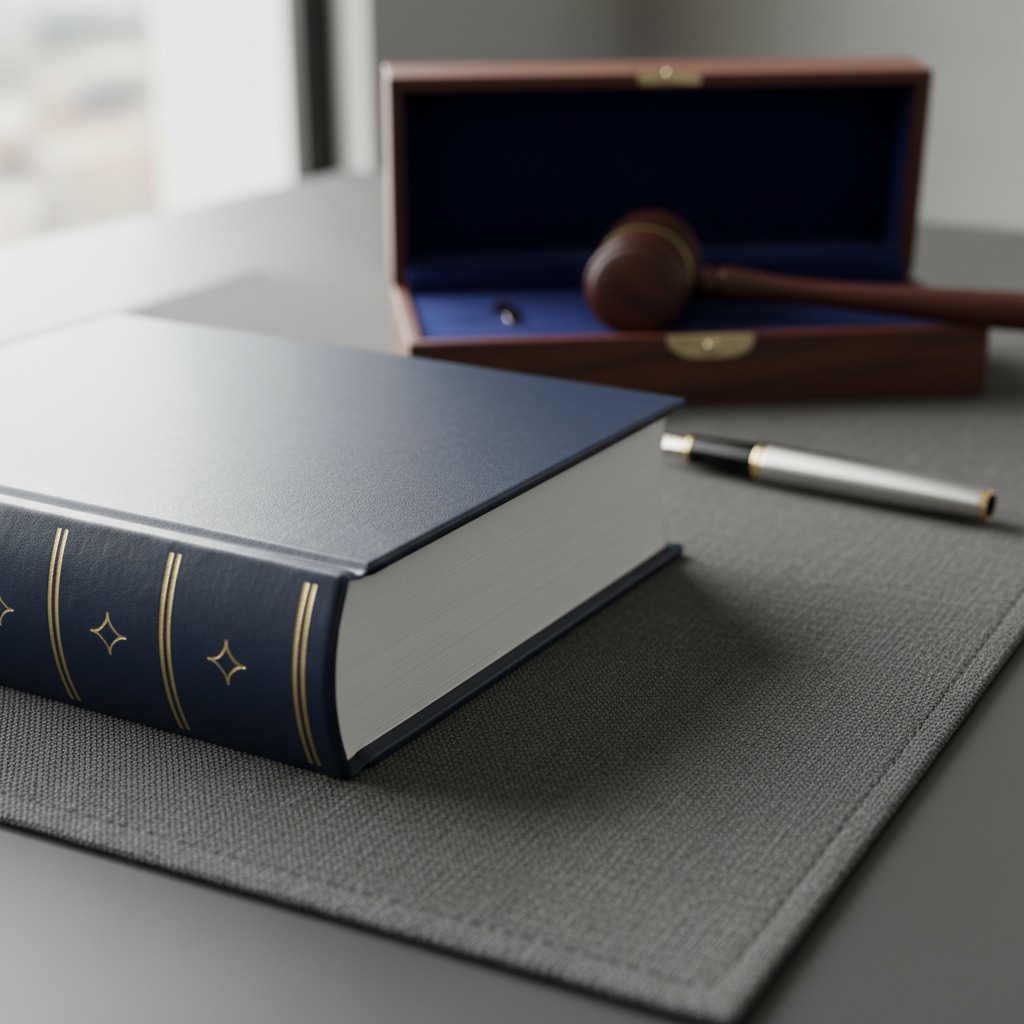 A close-up of a blue book with gold detailing, along with a pen and wood and blue gavel case on a grey woven cloth.